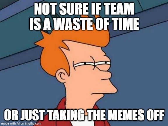 Futurama Fry | NOT SURE IF TEAM IS A WASTE OF TIME; OR JUST TAKING THE MEMES OFF | image tagged in memes,futurama fry | made w/ Imgflip meme maker