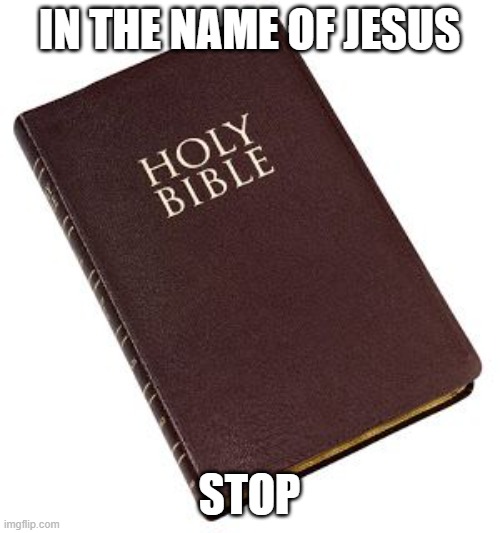 Holy Bible | IN THE NAME OF JESUS STOP | image tagged in holy bible | made w/ Imgflip meme maker