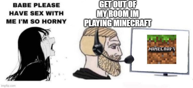 Babe please stop | GET OUT OF MY ROOM IM PLAYING MINECRAFT | image tagged in babe please stop,this is something,meme | made w/ Imgflip meme maker