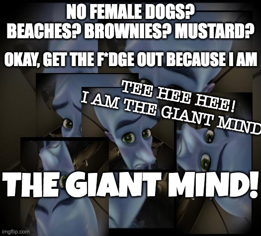 No Female Dogs? I am the Giant Mind | NO FEMALE DOGS? BEACHES? BROWNIES? MUSTARD? OKAY, GET THE F*DGE OUT BECAUSE I AM; TEE HEE HEE! I AM THE GIANT MIND! THE GIANT MIND! | image tagged in funny,memes,no bitches | made w/ Imgflip meme maker