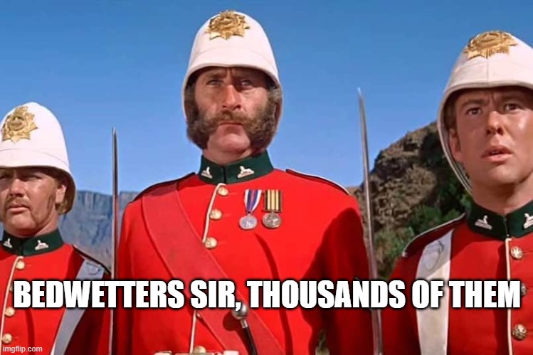 bedwetters | BEDWETTERS SIR, THOUSANDS OF THEM | image tagged in bedwetters,zulu | made w/ Imgflip meme maker