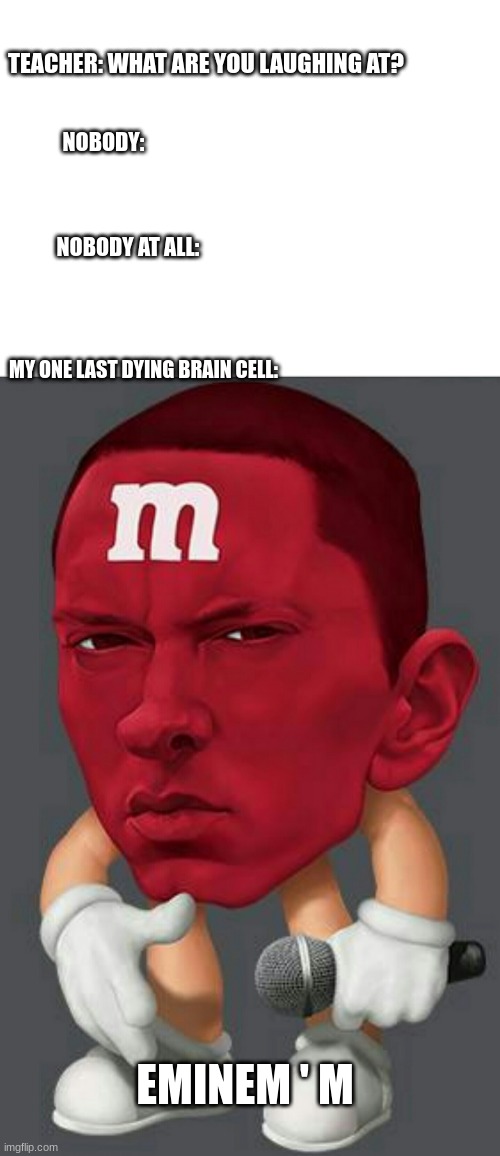 Roses are red so are M&Ms |  TEACHER: WHAT ARE YOU LAUGHING AT? NOBODY:; NOBODY AT ALL:; MY ONE LAST DYING BRAIN CELL:; EMINEM ' M | image tagged in blank white template,eminem m m | made w/ Imgflip meme maker