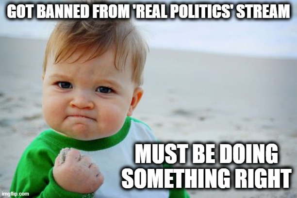 Is the real politics stream just a sad attempt at another 'truth social'?? LOL | GOT BANNED FROM 'REAL POLITICS' STREAM; MUST BE DOING SOMETHING RIGHT | image tagged in memes,success kid original,politics,imgflip,politics lol | made w/ Imgflip meme maker