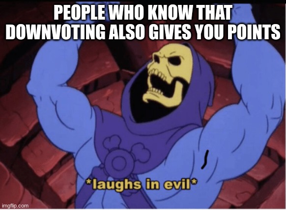 Laughs in evil | PEOPLE WHO KNOW THAT DOWNVOTING ALSO GIVES YOU POINTS | image tagged in laughs in evil | made w/ Imgflip meme maker