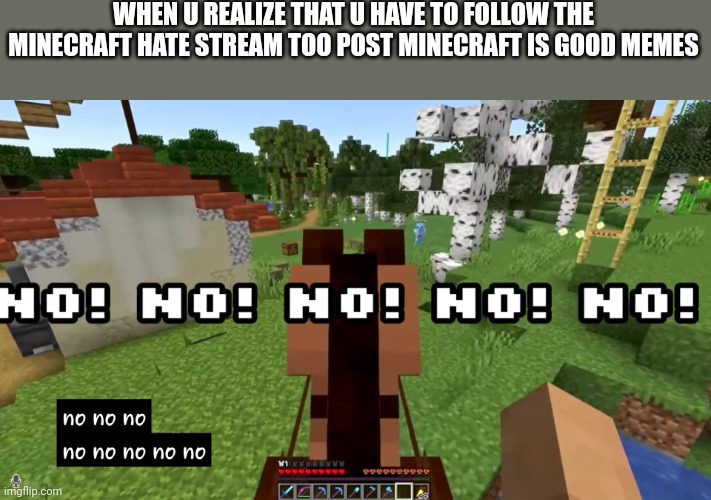 No! No no no no no no no no noo! | WHEN U REALIZE THAT U HAVE TO FOLLOW THE MINECRAFT HATE STREAM TOO POST MINECRAFT IS GOOD MEMES | image tagged in no no no no no no no no no noo | made w/ Imgflip meme maker