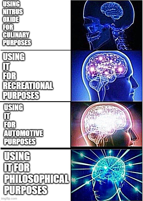 Nitrous Oxide applications | USING NITRUS OXIDE FOR CULINARY PURPOSES; USING IT FOR RECREATIONAL PURPOSES; USING IT FOR AUTOMOTIVE PURPOSES; USING IT FOR PHILOSOPHICAL PURPOSES | image tagged in memes,expanding brain,philosophy | made w/ Imgflip meme maker