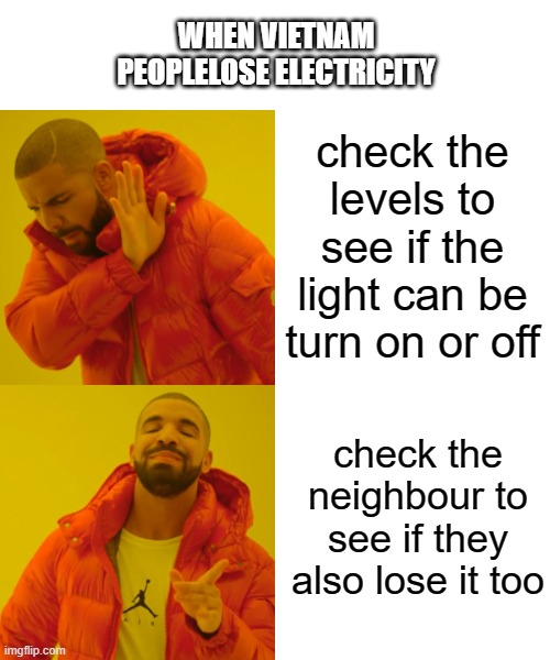 Drake Hotline Bling | WHEN VIETNAM PEOPLELOSE ELECTRICITY; check the levels to see if the light can be turn on or off; check the neighbour to see if they also lose it too | image tagged in memes,drake hotline bling | made w/ Imgflip meme maker
