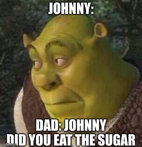 Shrek | JOHNNY:; DAD: JOHNNY DID YOU EAT THE SUGAR | image tagged in shrek | made w/ Imgflip meme maker