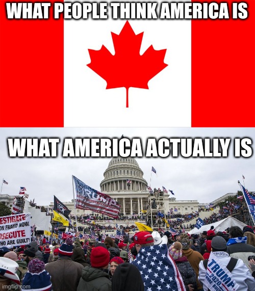 Americs | WHAT PEOPLE THINK AMERICA IS; WHAT AMERICA ACTUALLY IS | image tagged in america,canada,january | made w/ Imgflip meme maker