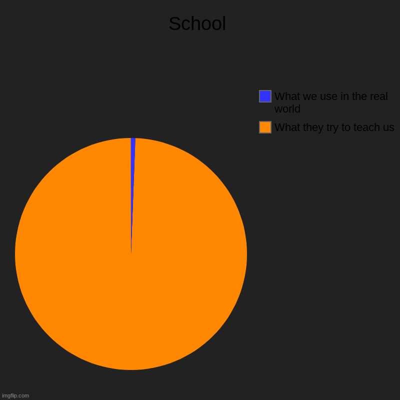 School | What they try to teach us, What we use in the real world | image tagged in charts,pie charts | made w/ Imgflip chart maker