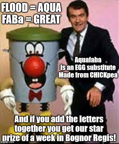 FLOOD = AQUA
FABa = GREAT; Aquafaba is an EGG substitute
Made from CHICKpea; And if you add the letters together you get our star prize of a week in Bognor Regis! | made w/ Imgflip meme maker