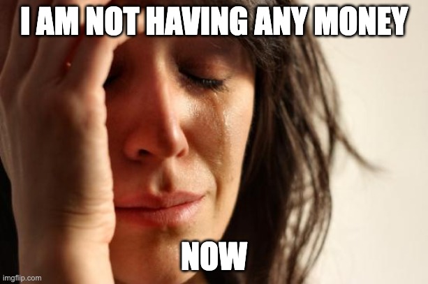 I am not having any money, now. | I AM NOT HAVING ANY MONEY; NOW | image tagged in memes,first world problems | made w/ Imgflip meme maker