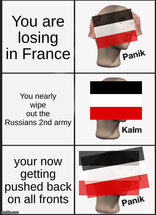 German Empire ww1 POV: | You are losing in France; You nearly wipe out the Russians 2nd army; your now getting pushed back on all fronts | image tagged in memes,panik kalm panik,ww1 | made w/ Imgflip meme maker