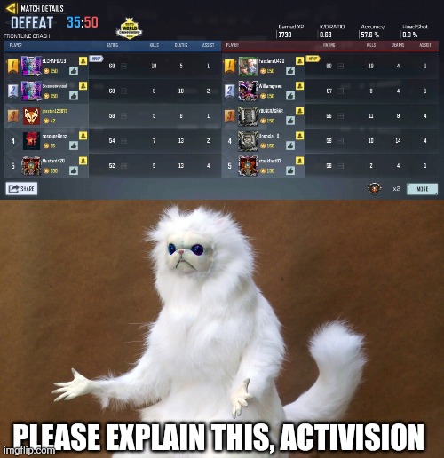 Lol 42 &15 matched against 150 credit card campers | PLEASE EXPLAIN THIS, ACTIVISION | image tagged in memes,persian cat room guardian single,gaming,cod | made w/ Imgflip meme maker