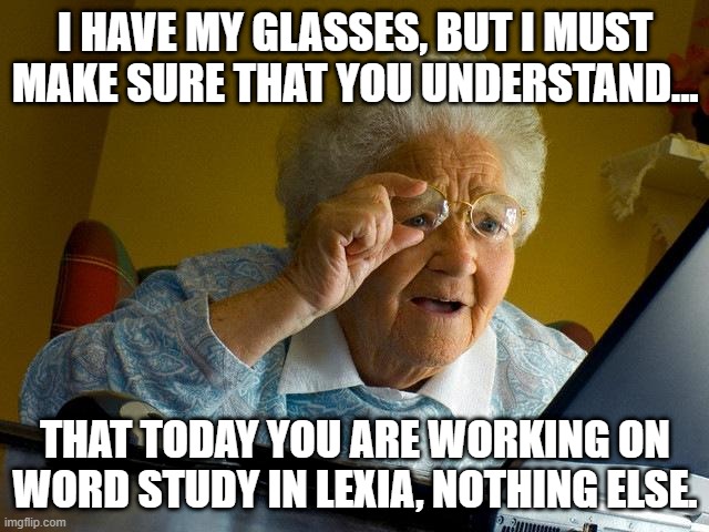 Grandma Finds The Internet | I HAVE MY GLASSES, BUT I MUST MAKE SURE THAT YOU UNDERSTAND... THAT TODAY YOU ARE WORKING ON WORD STUDY IN LEXIA, NOTHING ELSE. | image tagged in memes,grandma finds the internet | made w/ Imgflip meme maker