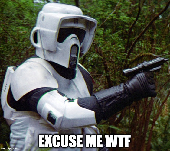 scout trooper confused before disaster | EXCUSE ME WTF | image tagged in scout trooper confused before disaster | made w/ Imgflip meme maker