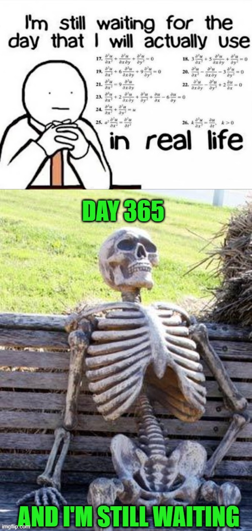 DAY 365; AND I'M STILL WAITING | image tagged in memes,waiting skeleton | made w/ Imgflip meme maker