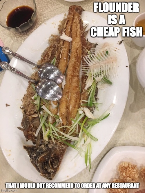 Fried Flounder | FLOUNDER IS A CHEAP FISH; THAT I WOULD NOT RECOMMEND TO ORDER AT ANY RESTAURANT | image tagged in flounder,fish,food,memes,restaurants | made w/ Imgflip meme maker