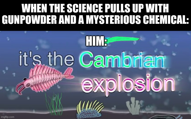 bill wurtz |  WHEN THE SCIENCE PULLS UP WITH GUNPOWDER AND A MYSTERIOUS CHEMICAL:; HIM: | image tagged in historical meme,bill wurtz,history of the world,i guess | made w/ Imgflip meme maker