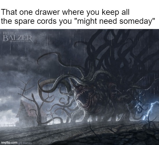 Someday you'll be glad we saved this | That one drawer where you keep all the spare cords you "might need someday" | made w/ Imgflip meme maker