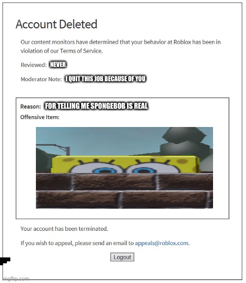When you get banned and roblox hates you |  NEVER; I QUIT THIS JOB BECAUSE OF YOU; FOR TELLING ME SPONGEBOB IS REAL | image tagged in banned from roblox | made w/ Imgflip meme maker