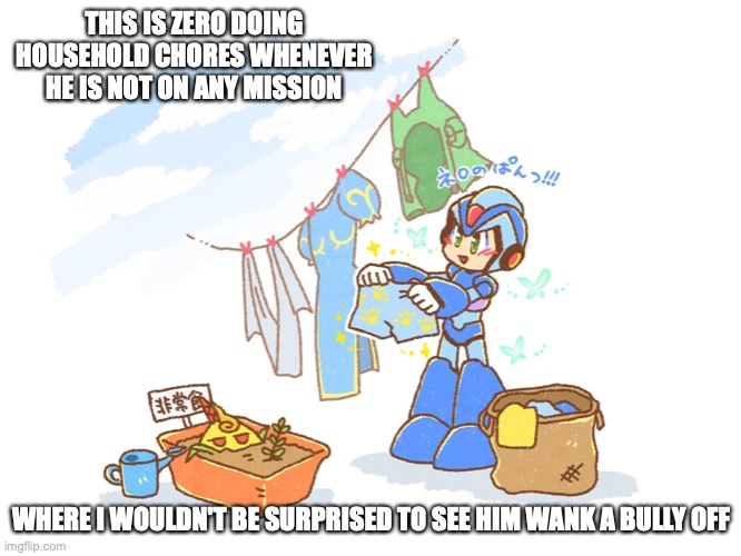 X Doing the Laundry | THIS IS ZERO DOING HOUSEHOLD CHORES WHENEVER HE IS NOT ON ANY MISSION; WHERE I WOULDN'T BE SURPRISED TO SEE HIM WANK A BULLY OFF | image tagged in memes,megaman,megaman x | made w/ Imgflip meme maker