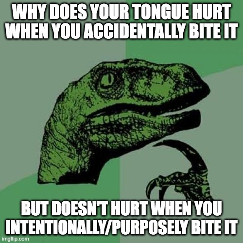 Philosoraptor Meme | WHY DOES YOUR TONGUE HURT WHEN YOU ACCIDENTALLY BITE IT; BUT DOESN'T HURT WHEN YOU INTENTIONALLY/PURPOSELY BITE IT | image tagged in memes,philosoraptor | made w/ Imgflip meme maker