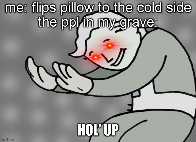 Hol up | me: flips pillow to the cold side
the ppl in my grave:; HOL' UP | image tagged in hol up | made w/ Imgflip meme maker
