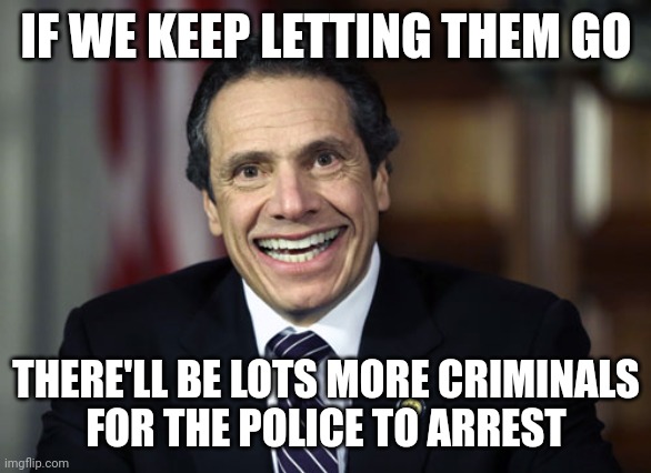 Andrew Cuomo | IF WE KEEP LETTING THEM GO THERE'LL BE LOTS MORE CRIMINALS
 FOR THE POLICE TO ARREST | image tagged in andrew cuomo | made w/ Imgflip meme maker