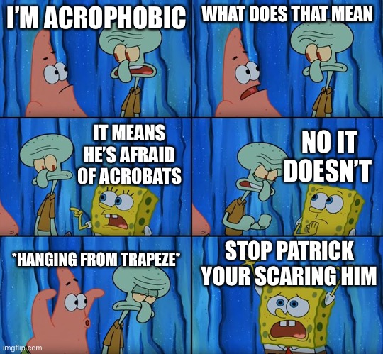 This is a remake of a meme I made long before I had an account | I’M ACROPHOBIC; WHAT DOES THAT MEAN; IT MEANS HE’S AFRAID OF ACROBATS; NO IT DOESN’T; STOP PATRICK YOUR SCARING HIM; *HANGING FROM TRAPEZE* | image tagged in stop it patrick you're scaring him | made w/ Imgflip meme maker