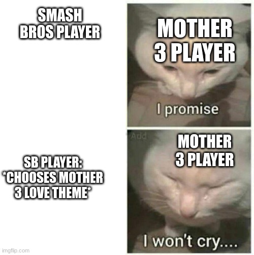 F IN CHAT FOR MOTHER 3 PLAYERS | MOTHER 3 PLAYER; SMASH BROS PLAYER; MOTHER 3 PLAYER; SB PLAYER: *CHOOSES MOTHER 3 LOVE THEME* | image tagged in i promise i won't cry | made w/ Imgflip meme maker