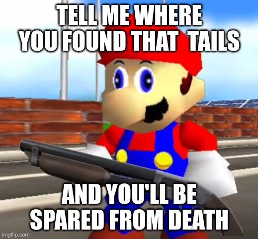 SMG4 Shotgun Mario | TELL ME WHERE YOU FOUND THAT  TAILS AND YOU'LL BE SPARED FROM DEATH | image tagged in smg4 shotgun mario | made w/ Imgflip meme maker