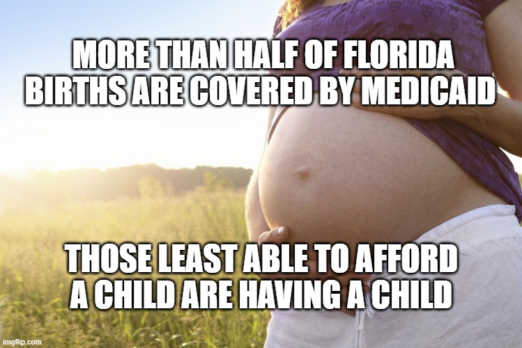 Propagation of the Poor | MORE THAN HALF OF FLORIDA BIRTHS ARE COVERED BY MEDICAID; THOSE LEAST ABLE TO AFFORD A CHILD ARE HAVING A CHILD | image tagged in pregnant woman,medicaid,poor choices | made w/ Imgflip meme maker