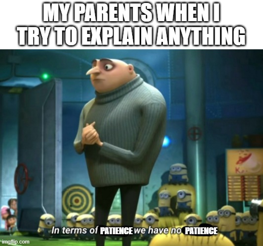 In terms of money, we have no money | MY PARENTS WHEN I TRY TO EXPLAIN ANYTHING; PATIENCE; PATIENCE | image tagged in in terms of money we have no money | made w/ Imgflip meme maker