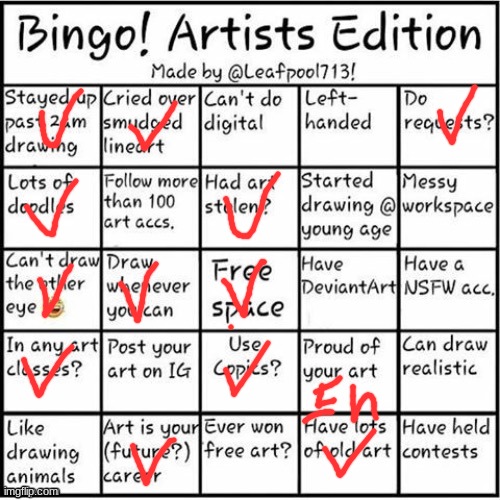 Artist Bingo :) | image tagged in ye,draw,art | made w/ Imgflip meme maker