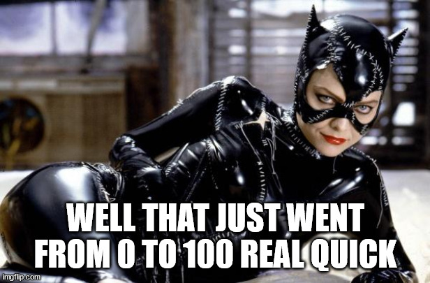 catwoman | WELL THAT JUST WENT FROM 0 TO 100 REAL QUICK | image tagged in catwoman | made w/ Imgflip meme maker