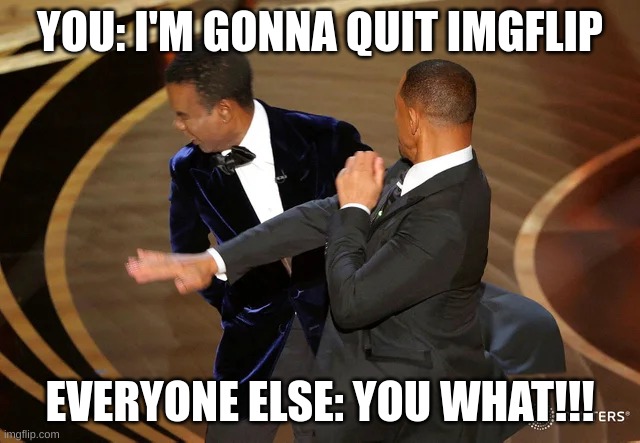 YOU: I'M GONNA QUIT IMGFLIP EVERYONE ELSE: YOU WHAT!!! | image tagged in will smith punching chris rock | made w/ Imgflip meme maker