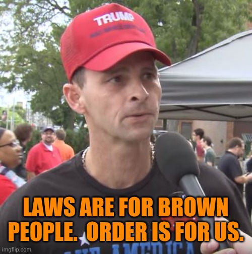 Trump supporter | LAWS ARE FOR BROWN PEOPLE.  ORDER IS FOR US. | image tagged in trump supporter | made w/ Imgflip meme maker