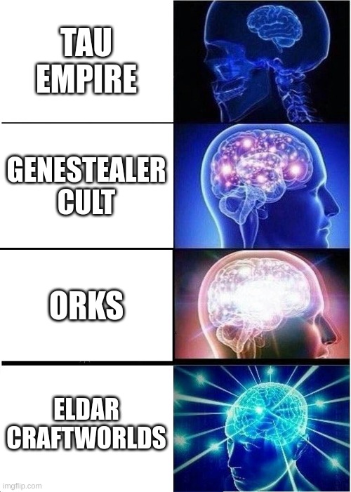 40k factions | TAU EMPIRE; GENESTEALER CULT; ORKS; ELDAR CRAFTWORLDS | image tagged in memes,expanding brain | made w/ Imgflip meme maker