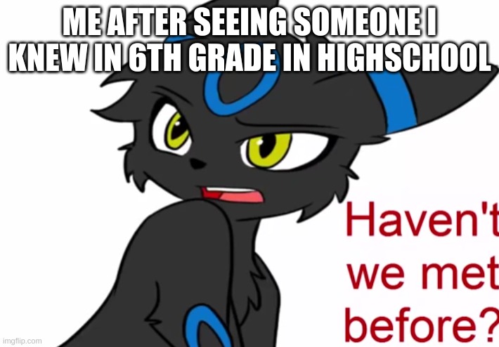 Umbreon haven't we met before | ME AFTER SEEING SOMEONE I KNEW IN 6TH GRADE IN HIGHSCHOOL | image tagged in umbreon haven't we met before | made w/ Imgflip meme maker