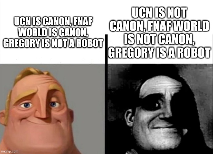 When you don’t know FNAF lore | UCN IS NOT CANON, FNAF WORLD IS NOT CANON, GREGORY IS A ROBOT; UCN IS CANON, FNAF WORLD IS CANON, GREGORY IS NOT A ROBOT | image tagged in teacher's copy | made w/ Imgflip meme maker
