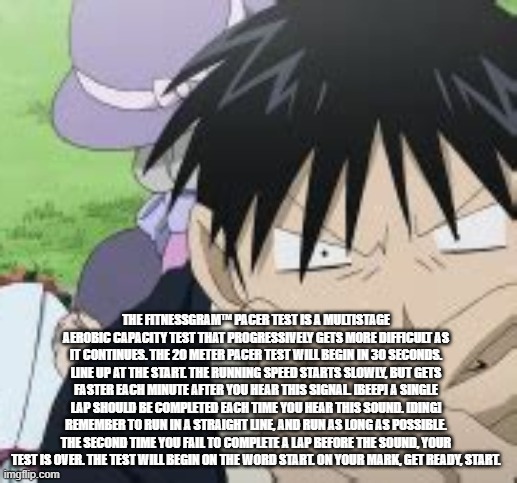 The FitnessGram™ Pacer Test is a multistage aerobic capacity test that progressively gets more difficult as it continues. The 20 | THE FITNESSGRAM™ PACER TEST IS A MULTISTAGE AEROBIC CAPACITY TEST THAT PROGRESSIVELY GETS MORE DIFFICULT AS IT CONTINUES. THE 20 METER PACER TEST WILL BEGIN IN 30 SECONDS. LINE UP AT THE START. THE RUNNING SPEED STARTS SLOWLY, BUT GETS FASTER EACH MINUTE AFTER YOU HEAR THIS SIGNAL. [BEEP] A SINGLE LAP SHOULD BE COMPLETED EACH TIME YOU HEAR THIS SOUND. [DING] REMEMBER TO RUN IN A STRAIGHT LINE, AND RUN AS LONG AS POSSIBLE. THE SECOND TIME YOU FAIL TO COMPLETE A LAP BEFORE THE SOUND, YOUR TEST IS OVER. THE TEST WILL BEGIN ON THE WORD START. ON YOUR MARK, GET READY, START. | image tagged in roy mustang | made w/ Imgflip meme maker