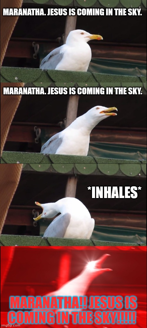 Maranatha Jesus is coming in the sky | MARANATHA. JESUS IS COMING IN THE SKY. MARANATHA. JESUS IS COMING IN THE SKY. *INHALES*; MARANATHA!! JESUS IS COMING IN THE SKY!!!!! | image tagged in memes,inhaling seagull | made w/ Imgflip meme maker