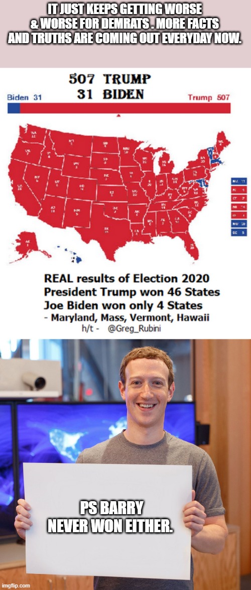 WE ALL KNOW it was stolen | IT JUST KEEPS GETTING WORSE & WORSE FOR DEMRATS . MORE FACTS AND TRUTHS ARE COMING OUT EVERYDAY NOW. PS BARRY NEVER WON EITHER. | image tagged in mark zuckerberg blank sign | made w/ Imgflip meme maker