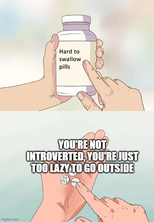 truth hurts doesn't it | YOU'RE NOT INTROVERTED, YOU'RE JUST TOO LAZY TO GO OUTSIDE | image tagged in memes,hard to swallow pills | made w/ Imgflip meme maker