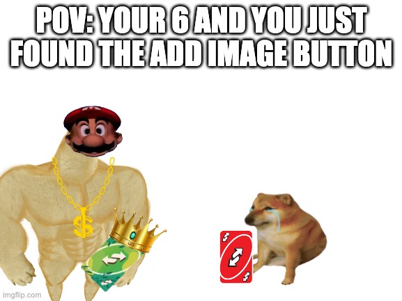 teh imsdjo | POV: YOUR 6 AND YOU JUST FOUND THE ADD IMAGE BUTTON | image tagged in blank white template | made w/ Imgflip meme maker