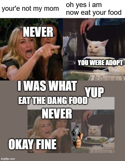 comment 36 | your'e not my mom; oh yes i am now eat your food; NEVER; YOU WERE ADOPT; I WAS WHAT; YUP; EAT THE DANG FOOD; NEVER; OKAY FINE | image tagged in memes,woman yelling at cat | made w/ Imgflip meme maker