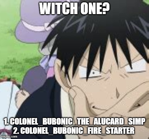 Roy Mustang | WITCH ONE? 1. COLONEL_BUBONIC_THE_ALUCARD_SIMP
2. COLONEL_BUBONIC_FIRE_STARTER | image tagged in roy mustang | made w/ Imgflip meme maker