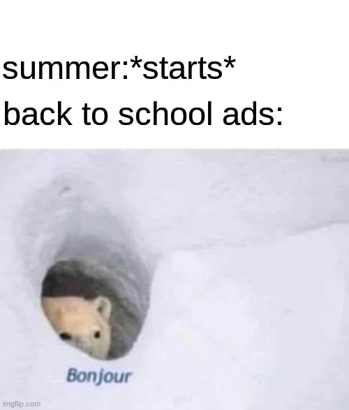 free celery salt |  summer:*starts*; back to school ads: | image tagged in bonjour | made w/ Imgflip meme maker