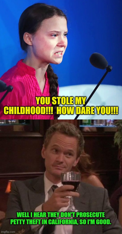 YOU STOLE MY CHILDHOOD!!!  HOW DARE YOU!!! WELL I HEAR THEY DON'T PROSECUTE PETTY THEFT IN CALIFORNIA, SO I'M GOOD. | image tagged in ecofascist greta thunberg,true story | made w/ Imgflip meme maker